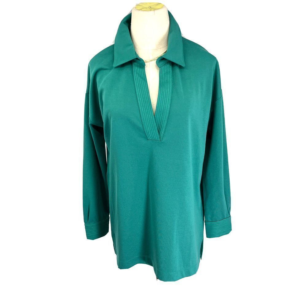 Soft Surroundings Collared Tunic Top Teal V‎ Neck Size Small Petite Stitching